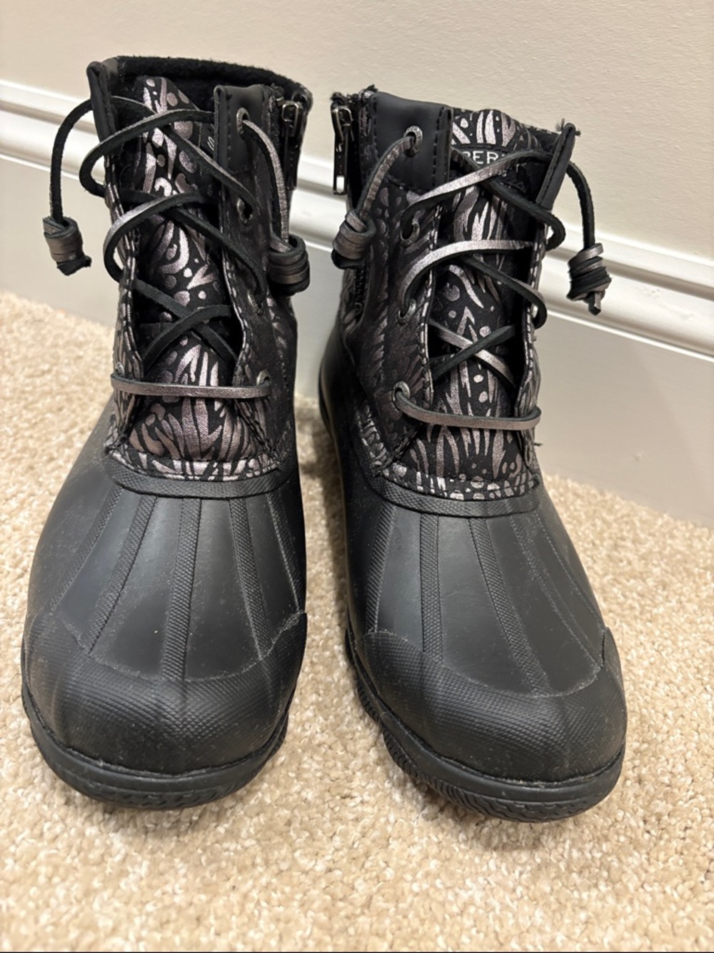 Sperry Black Patterned Lace-Up Duck Boots